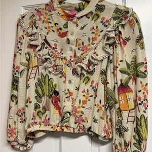FARM Rio Cream Tropical Print Ruffle Blouse
